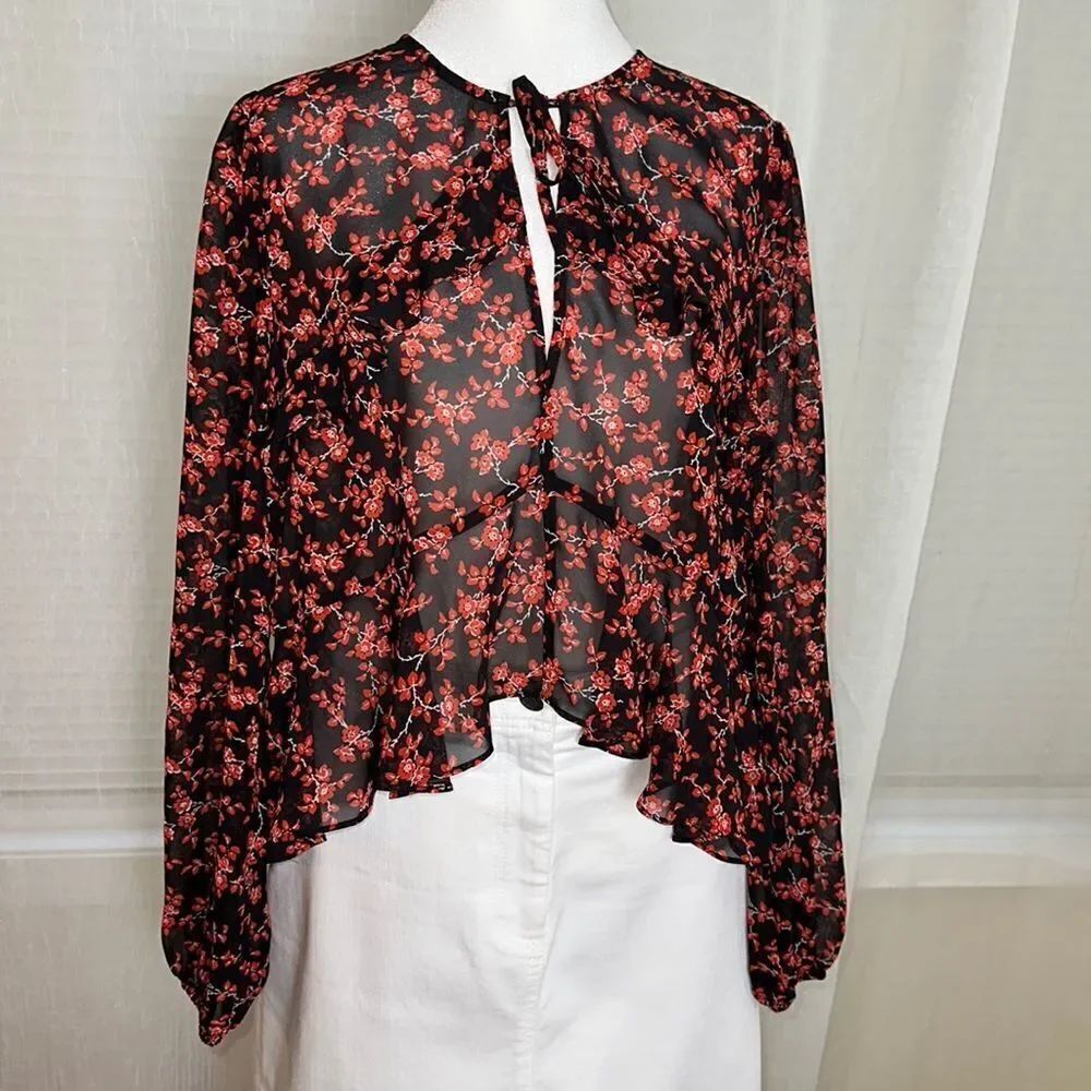 bar III L Black Red White Floral Long Sleeve Tie Front Peplum Ruffle Blouse